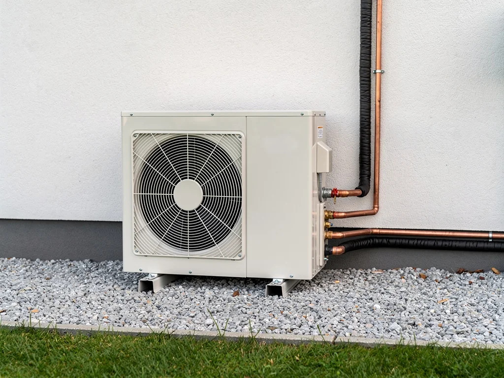 Groupe extérieur d'une pompe à chaleur air-eau posé sur un lit de graviers le long d'une maison